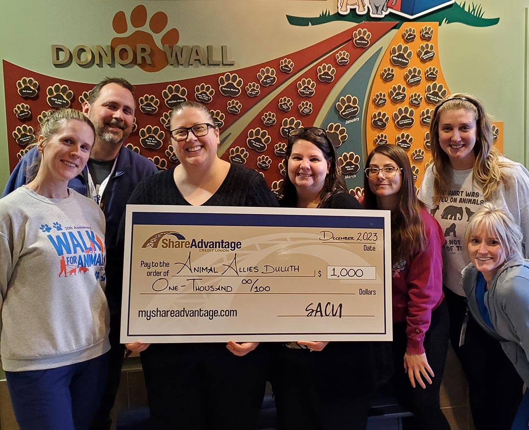 Animal Allies of Duluth MN 2023 Share Advantage Credit Union donation